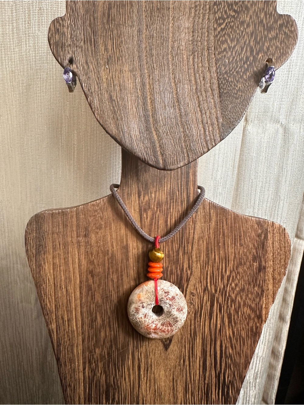 Handcrafted Red and Brown Coral Fossil Donut Pendant Necklace on Brown Rope - Picture 2 of 16
